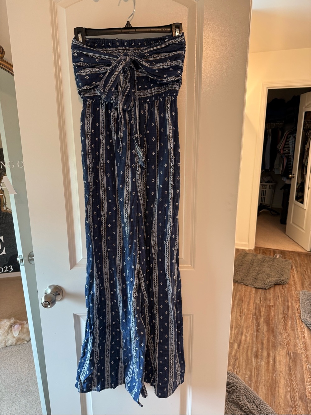 Lulu's Navy Blue Strapless Printed Jumpsuit